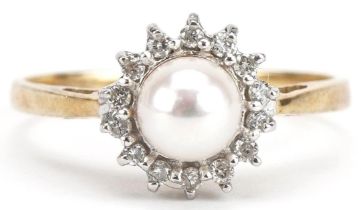 9ct gold diamond and cultured pearl ring, total diamond weight approximately 0.15 carat, size P, 2.