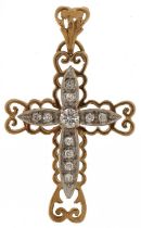 9ct gold openwork ecclesiastical cross pendant set with clear stones, 4.9cm high, 5.5g