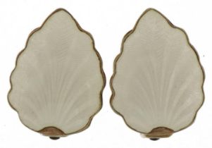 Pair of Norwegian 925S sterling silver and white guilloche enamel leaf clip on earrings, possibly