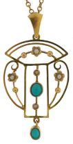 Art Nouveau unmarked gold cabochon turquoise and cultured pearl pendant, tests as 9ct gold, on a 9ct