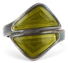 Marius Hammer, Norwegian 925S sterling silver and green guilloche enamel ring, size K/L, 3.2g