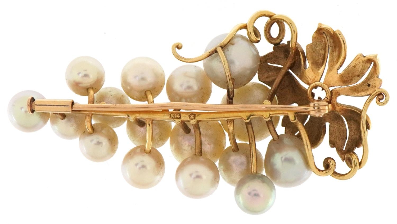 14ct gold Mikimoto pearl bunch of grapes brooch, 5.5cm high, 14.2g - Image 2 of 3