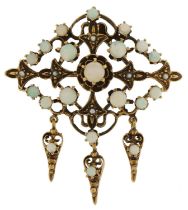 14ct gold cabochon opal and seed pearl openwork brooch with tassels, 4cm wide, 12.9g