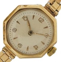 Hamilton Watch Co, ladies 9ct gold octagonal wristwatch with gold plated strap, the case 21mm