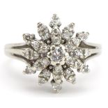 14ct white gold diamond three tier flower head ring, size M, 5.2g