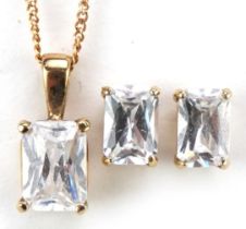 9ct gold cubic zirconia pendant on 9ct gold necklace with matching earrings, the necklace 44cm in