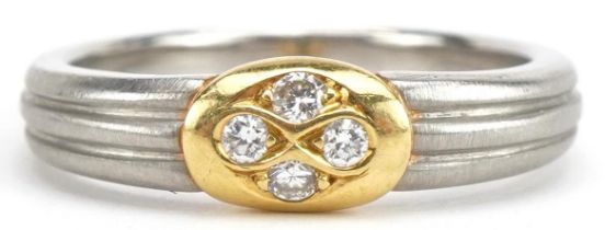 Modernist platinum and yellow gold diamond four stone ring, size L/M, 6.2g