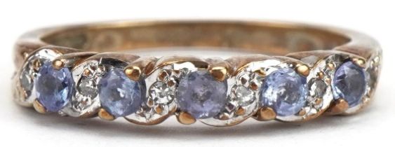 9ct gold purple stone and diamond half eternity ring, size M/N, 2.5g