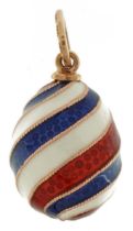 14ct gold red, white and blue enamel egg pendant, impressed Russian marks to the suspension loop,