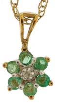 9ct gold emerald and diamond flower head pendant on 9ct gold necklace, 11mm high and 44cm in length,