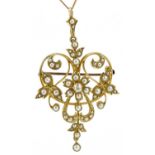 Edwardian 15ct gold diamond and seed pearl openwork floral brooch pendant on a 9ct gold necklace,