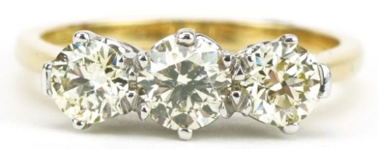 18ct gold diamond three stone ring with certificate, total diamond weight approximately 1.26