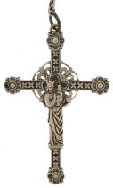 Ecclesiastical unmarked silver crucifix pendant with Christ and a Madonna with child, 8cm high