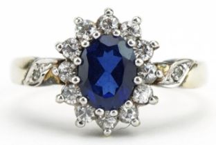 Silver blue sapphire and clear stone ring with diamond set shoulders, size V/W, 4.2g