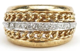 9ct gold diamond chain link design half eternity ring, size O, 7.0g