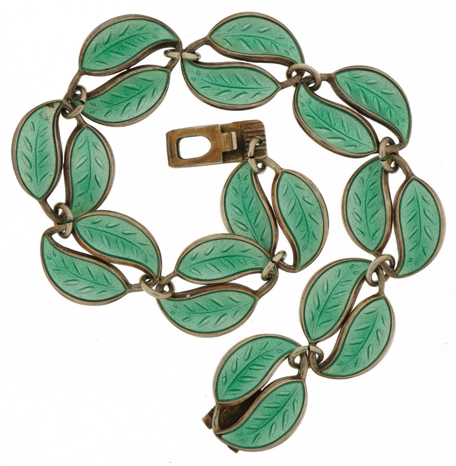 David Andersen, Norwegian 925S sterling silver green enamel leaf bracelet, 18cm in length, 13.3g - Image 2 of 4