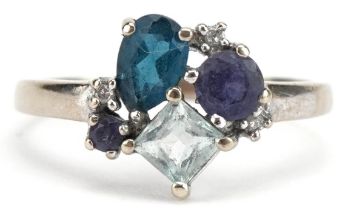 9ct white gold multi gem ring set with colourful stones including diamonds, topaz and amethyst, size