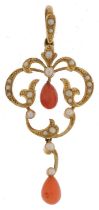 Art Nouveau 15ct gold coral and seed pearl openwork pendant housed in an Adair & Ross Jewellers