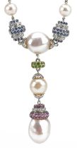 18ct white gold freshwater and cultured pearl multi gem necklace set with diamonds, rubies, emeralds