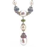 18ct white gold freshwater and cultured pearl multi gem necklace set with diamonds, rubies, emeralds