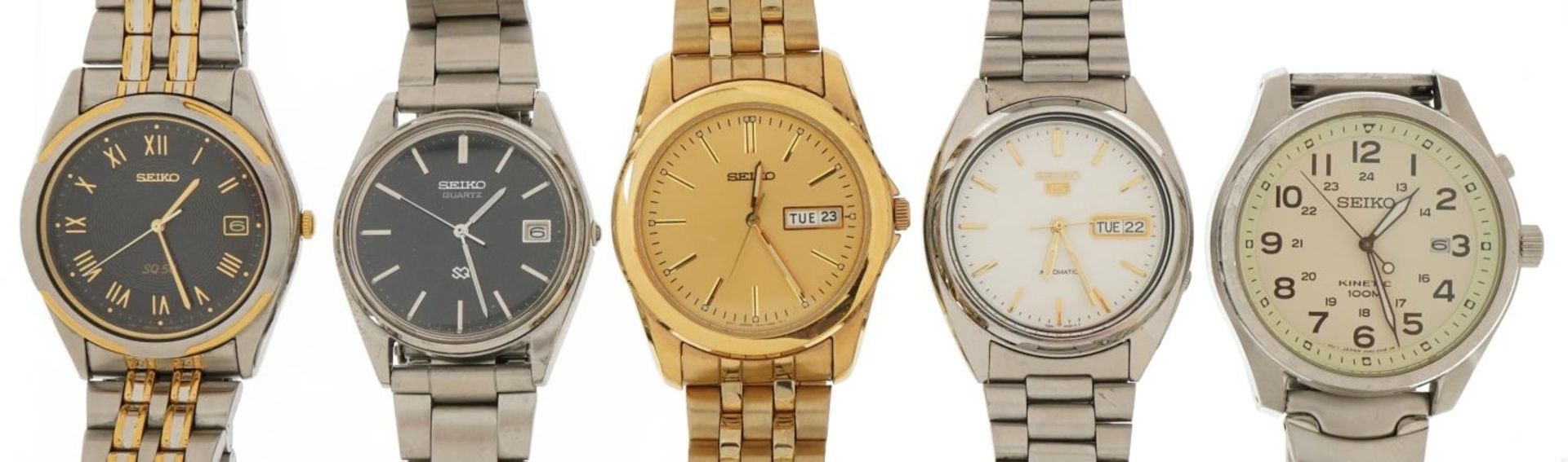 Five vintage and later gentlemen's Seiko wristwatches including Seiko 5 automatic with day/date