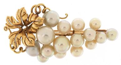 14ct gold Mikimoto pearl bunch of grapes brooch, 5.5cm high, 14.2g
