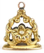 Victorian unmarked gold seal fob set with seed pearls, tests as 9ct gold, 2.5cm high, 4.7g