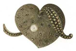 Theodore Fahrner, vintage German sterling silver marcasite lily pad brooch set with a simulated