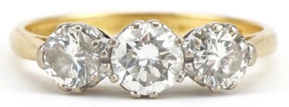 18ct gold diamond three stone ring, total diamond weight approximately 1.45 carat, size U, 4.5g