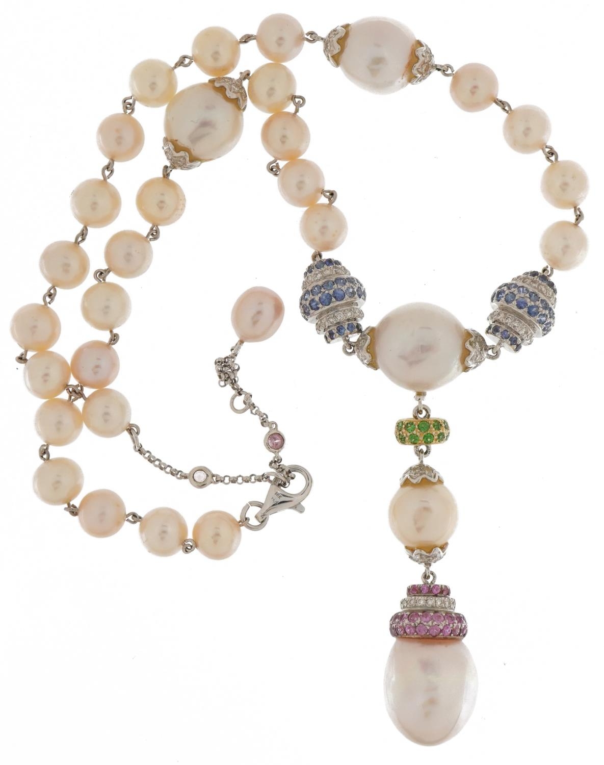 18ct white gold freshwater and cultured pearl multi gem necklace set with diamonds, rubies, emeralds - Image 2 of 4