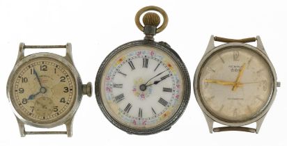 Ladies silver pocket watch with ornate enamelled dial and two gentlemen's wristwatches including