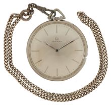 Certina open face pocket watch on a silver chain, 45mm in diameter