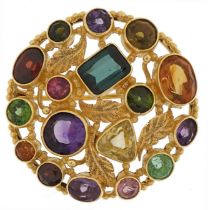 18ct gold multi gem brooch set with semi precious stones including tourmaline, amethyst, garnet