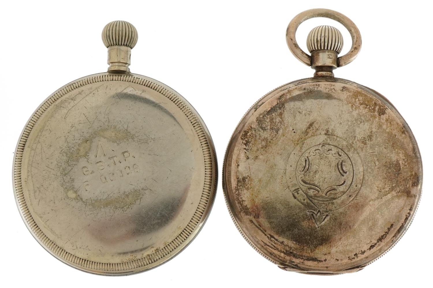 Two gentlemen's open face pocket watches comprising silver open face Waltham Traveller and one - Image 2 of 5