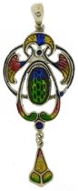Art Nouveau style sterling silver and enamel pendant, 6cm high, 6.5g