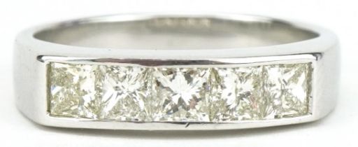 18ct white gold princess cut diamond five stone half eternity ring with certificate, total diamond