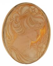 9ct gold mounted cameo shell brooch carved with a maiden head, 4.8cm high, 7.8g