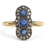 Art Deco 15ct gold sapphire and diamond cocktail ring, the central sapphire approximately 3.0mm in
