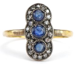 Art Deco 15ct gold sapphire and diamond cocktail ring, the central sapphire approximately 3.0mm in