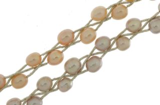 Silver pink and purple freshwater pearl two row necklace, 40cm in length, 42.3g