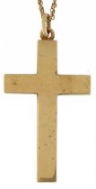 Unmarked gold cross pendant on a 9ct gold necklace, the cross tests as 14ct gold, 4cm high 7.1g, the