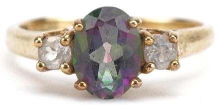 9ct gold rainbow quartz and white spinel ring, size O, 2.6g