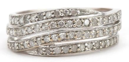 9ct gold diamond four row half eternity ring, size O, 4.2g