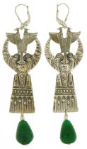 Pair of Egyptian Revival sterling silver and green jade drop earrings, 8.5cm high, 22.8g