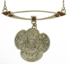 Art Nouveau style sterling silver and enamel necklace embossed with a maiden and flowers, 40cm in