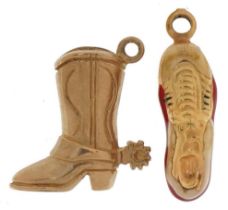 Two unmarked gold charms comprising enamelled football boot and a cowboy boot, both test as 9ct