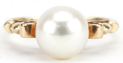 14ct gold Mikimoto pearl ring with pierced shoulders, size K, 2.5g
