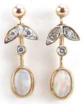 Pair of 9ct gold diamond and cabochon opal drop earrings, 2.1cm high, 2.1g