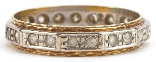 18ct two tone gold white spinel eternity ring, size R/S, 3.8g