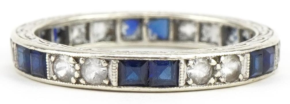 9ct white gold sapphire and white spinel eternity ring, size P, 2.5g